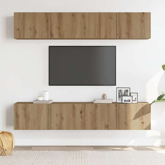 Tv-meubel – TV-kast – Entertainmentmeubel – Media-meubel – Wandmeubel – Handgemaakt Eikenhout – 4-delige Wandgemonteerde Set