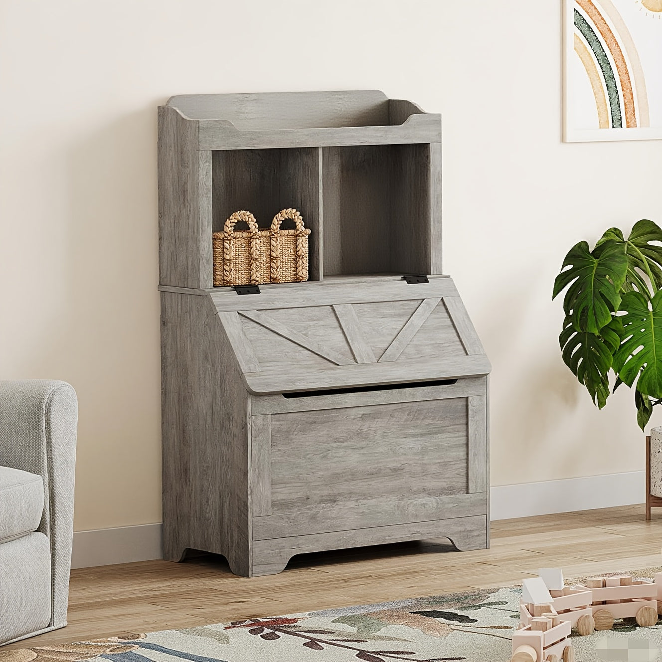 Boekenplank – Boekenkast – Wandrek – Opbergkast – Wandplank – 120 cm Hoog – Met Opbergvak en Liftdeksel – Grijs – Voor Woonkamer en Slaapkamer