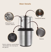 Elektrische Kruiden- en Koffiebonenmolen - 2-in-1 Nat en Droog - Dubbele bekers - Multifunctionele Molen - 300W - Roestvrijstalen behuizing en maalbladen - QUORE