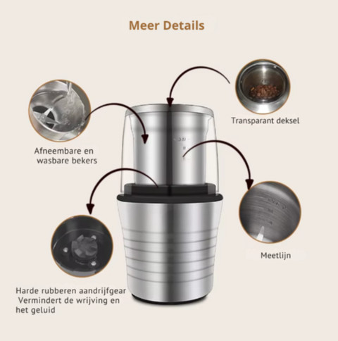 Elektrische Kruiden- en Koffiebonenmolen - 2-in-1 Nat en Droog - Dubbele bekers - Multifunctionele Molen - 300W - Roestvrijstalen behuizing en maalbladen - QUORE