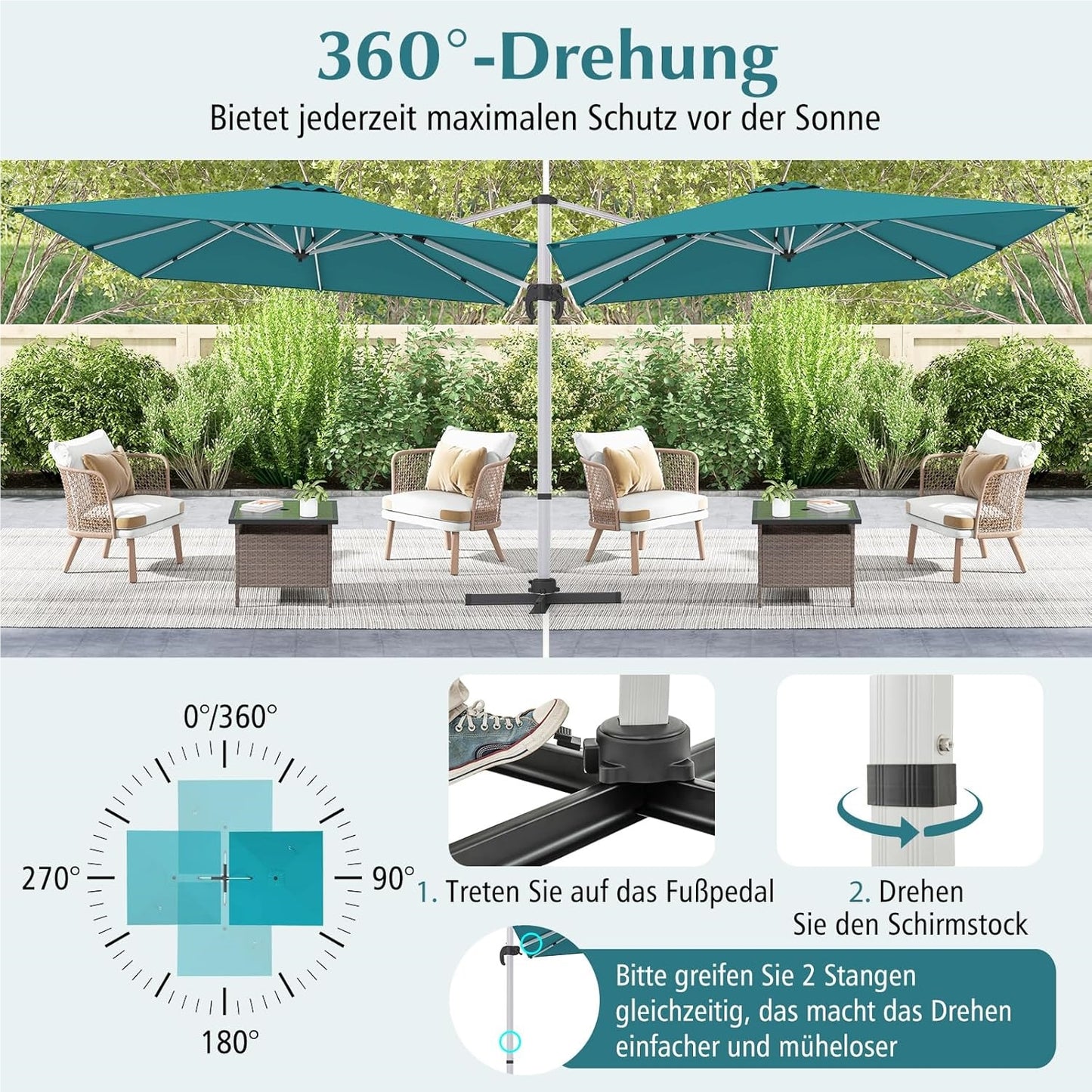 Vierkante Parasol – Tuinparasol – Terrasparasol – Balkonparasol – Marktparasol – 300x300 cm – 360° Draaibaar Met Kantelfunctie – Water- en UV-Bestendig Polyester Doek – Blauw