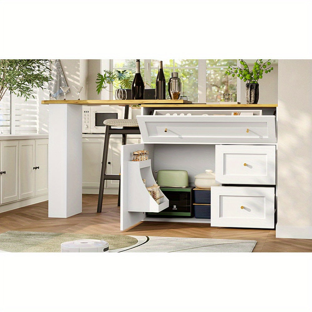 Uitklapbare Bartafel – Bar Tafel – Statafel – Keukeneiland – Bistrotafel – Wit Met Metaal – Uitschuifbaar 138-204 cm – Met Opbergruimte En Snackrek