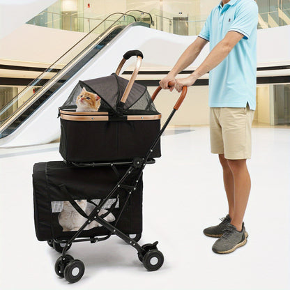 Dubbele Huisdierwagen – Dierenwagen – Huisdierbuggy – Hondenwagen – Kattenwagen – Zwart – 3-in-1 Opvouwbaar Ontwerp – Duurzaam Metalen Frame & Oxford Stof