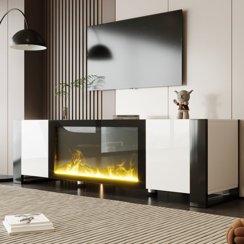TV-meubel – TV-kast – Lowboard – Tv-dressoir – Elektrische Haard – Hoogglans Wit Zwart – Realistische Vlammen Zonder Verwarming – Geschikt Voor TV Tot 60 kg