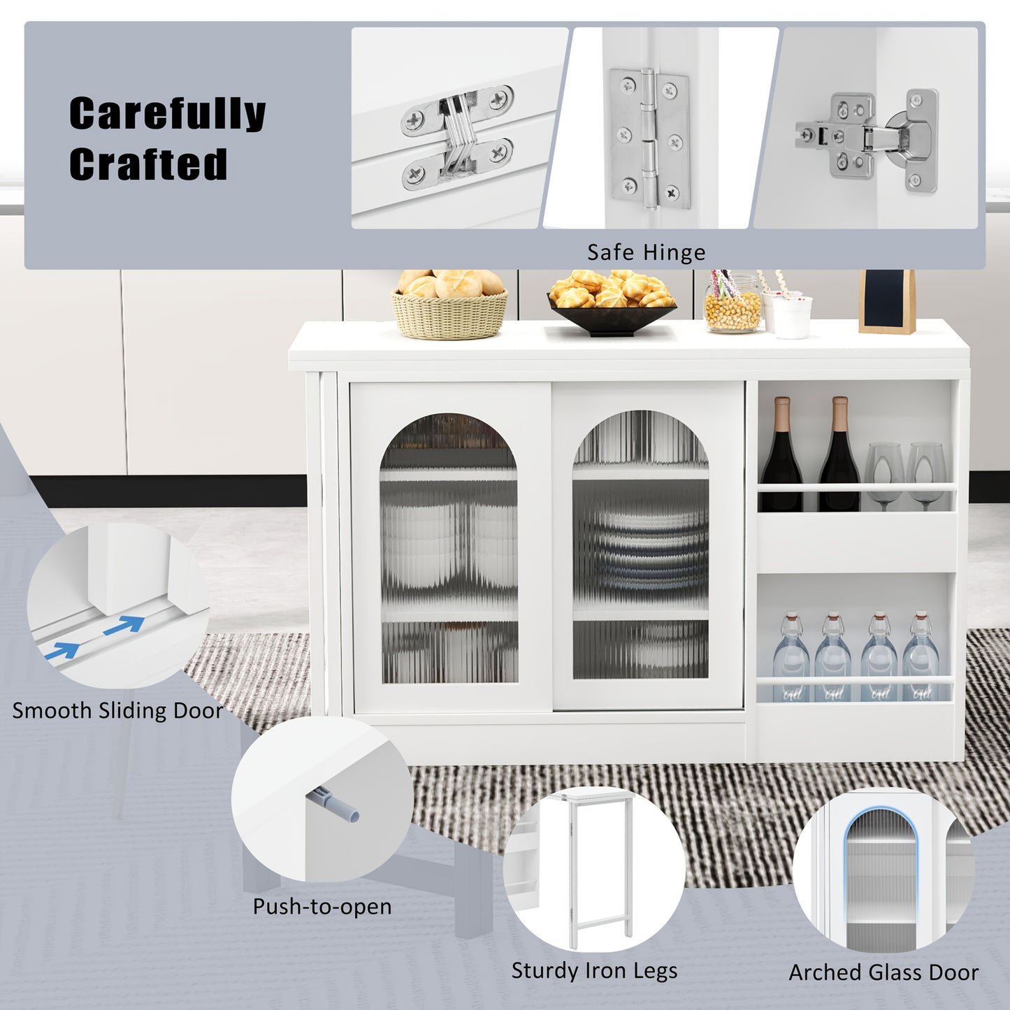 Draaibare Bartafel – Bar Tafel – Hoog Tafel – Barkeuken Meubel – Opbergtafel – Zwart – 360° Rotatie – Ruime Opbergruimte Met Glazen Deurtjes