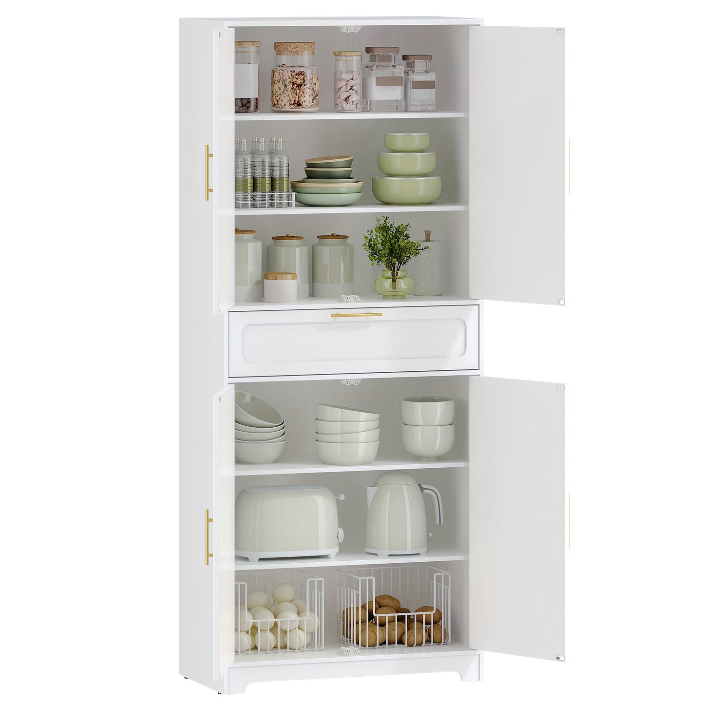 Kast – Opbergkast – Buffetkast – Keukenkast – Hoge Kast – 4 Deuren Met Grote Lade – Verstelbare Planken – Wit Spaanplaat