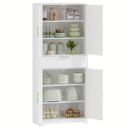 Kast – Opbergkast – Buffetkast – Keukenkast – Hoge Kast – 4 Deuren Met Grote Lade – Verstelbare Planken – Wit Spaanplaat