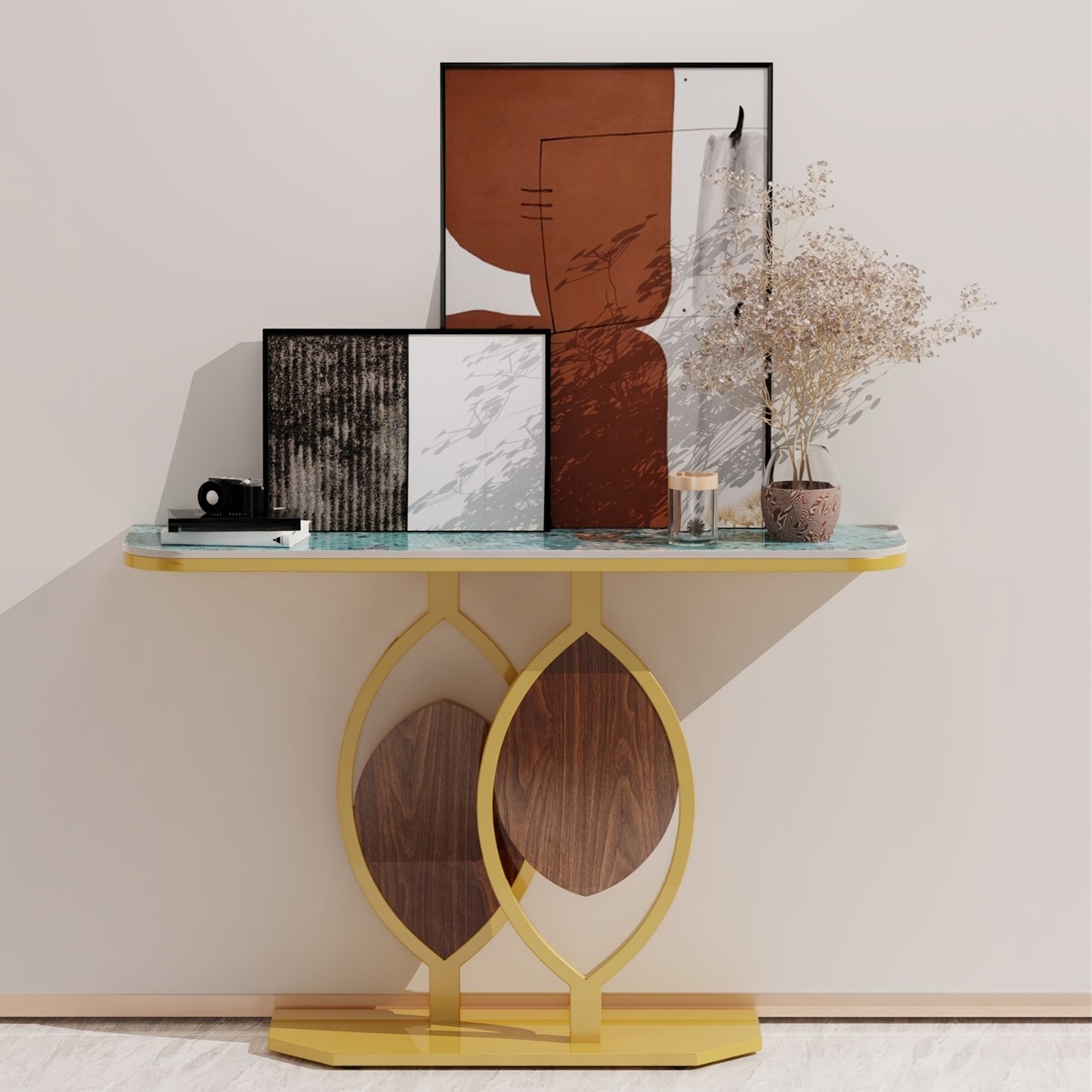 Sidetable – Bijzettafel – Haltafel – Console – Entreetafel – Luxe Sintered Stone Blad – Kras- en Hittebestendig – Gouden Metaal Onderstel – 99,79 KG Draagvermogen – 0,02% Waterabsorptie