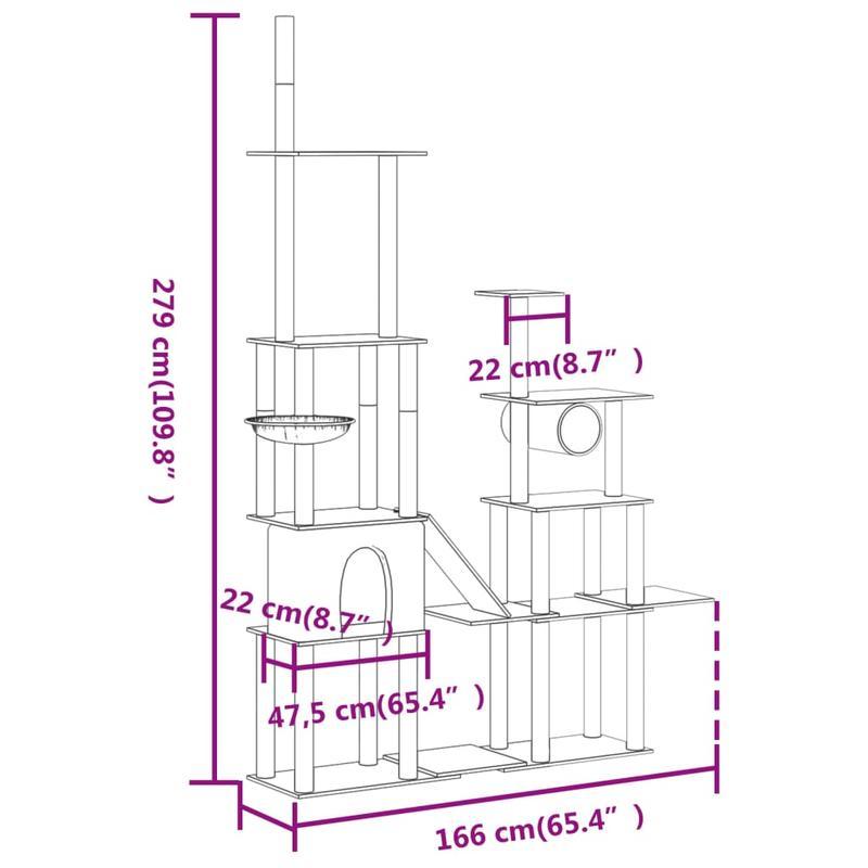 Krabpaal – Kattenklimrek – Krabplank – Krabtoon – Kattenmeubel – Donkergrijs – 279 cm Hoog – Houten Constructie Met Sisal