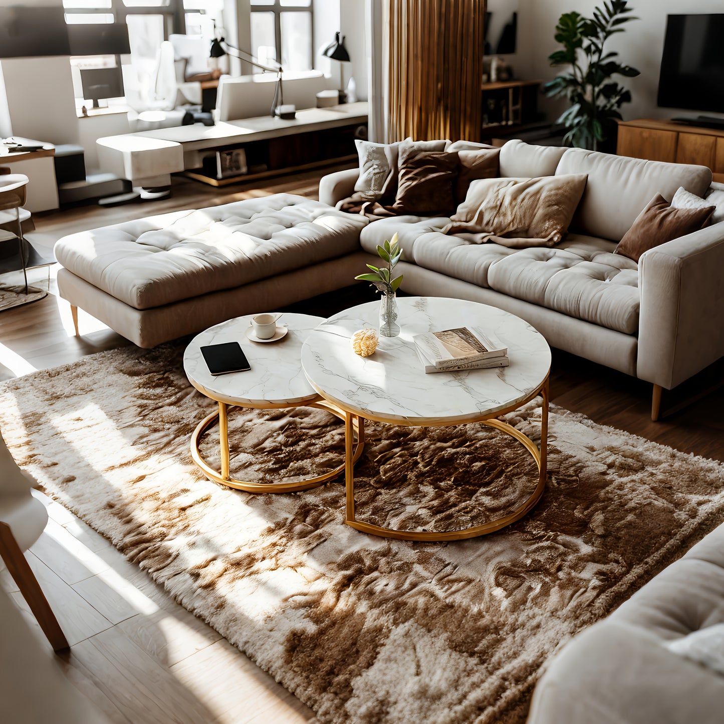 Salontafel – Koffietafel – Bijzettafel – Woonkamertafel – Balkontafel – Gouden Metalen Frame – Hoogglans Wit Marmeren Tafelblad Met Opbergruimte