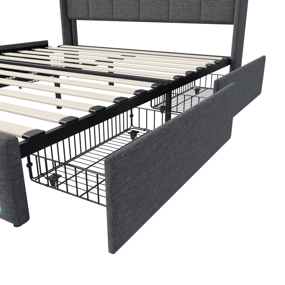 Tweepersoonsbed – Bedframe – Boxspring – Opbergbed – Led-bed – 160x200 cm – Linnen Bekleding – 4 Laden Met USB Opladen