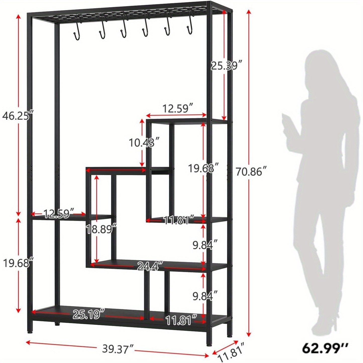 Plantenrek – Plantenstandaard – Bloemenrek – Plantenhouder – Groene Wand – 5-Lagen Met 6 Haakjes – Robuust Metalen Frame Met Houten Planken – 180 cm Hoog Met Stabiele Voet