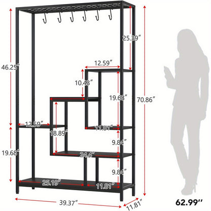 Plantenrek – Plantenstandaard – Bloemenrek – Plantenhouder – Groene Wand – 5-Lagen Met 6 Haakjes – Robuust Metalen Frame Met Houten Planken – 180 cm Hoog Met Stabiele Voet