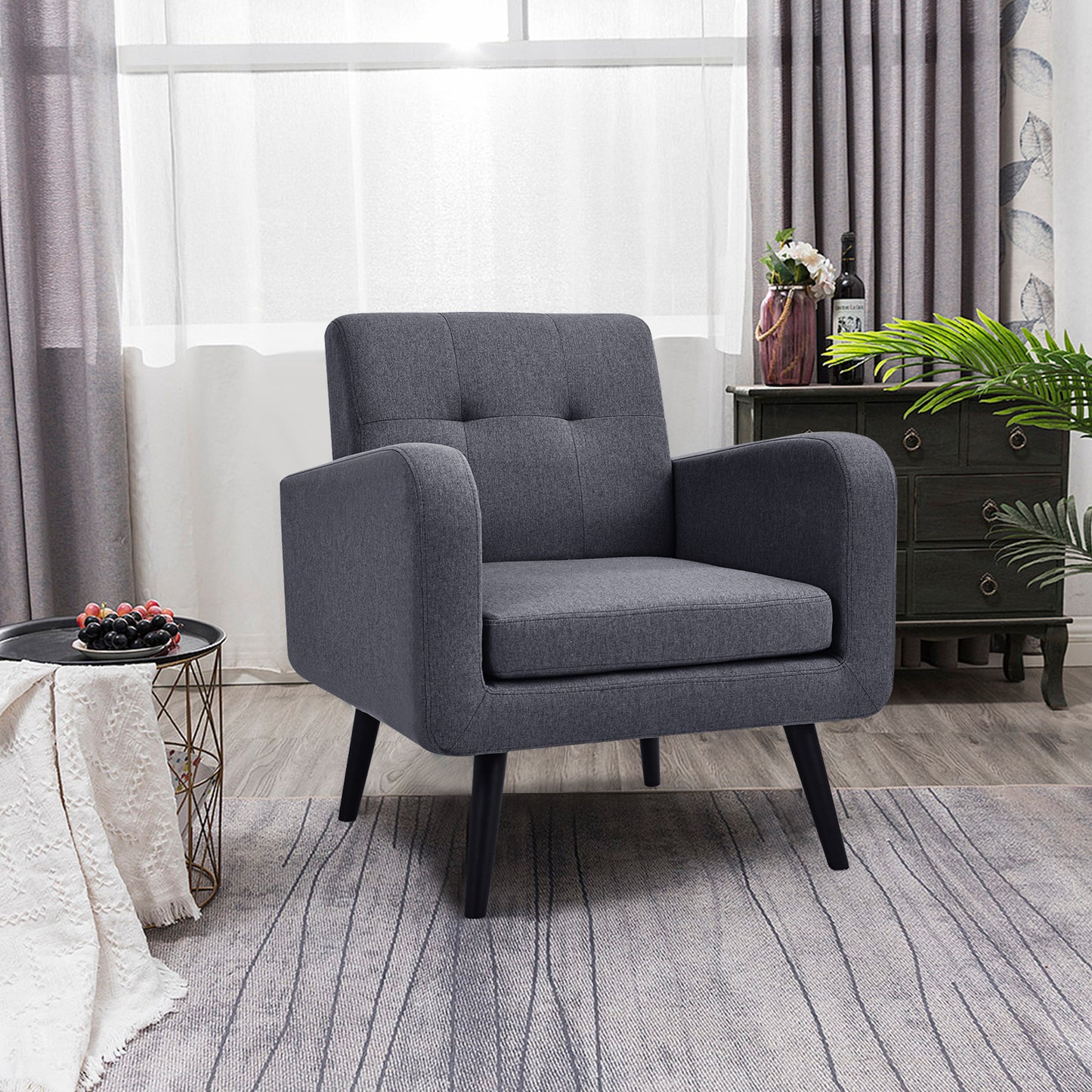 Fauteuil – Oorfauteuil – Leunstoel – Leesstoel – Woonkamerstoel – Grijze Linnen Bekleding – Stevig Rubberhouten Onderstel – Comfortabel Elastisch Schuim