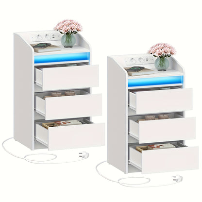 Nachttafel Set – Nachtkastje – Bijzettafel – Bedkastje – Ladeblok – Met Oplaadstation en LED-verlichting – 2 AC Stopcontacten en 2 USB-poorten – 3 Laden – Wit – Compacte Afmetingen 35x40x68 cm