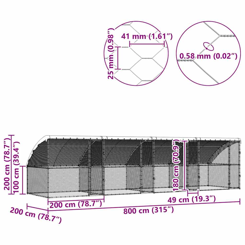 Kippenren – Kippenhok – Buitenren – Pluimvee Verblijf – Dierenhok – Gegalvaniseerd Staal – Weerbestendig – 600x200x198,5 cm