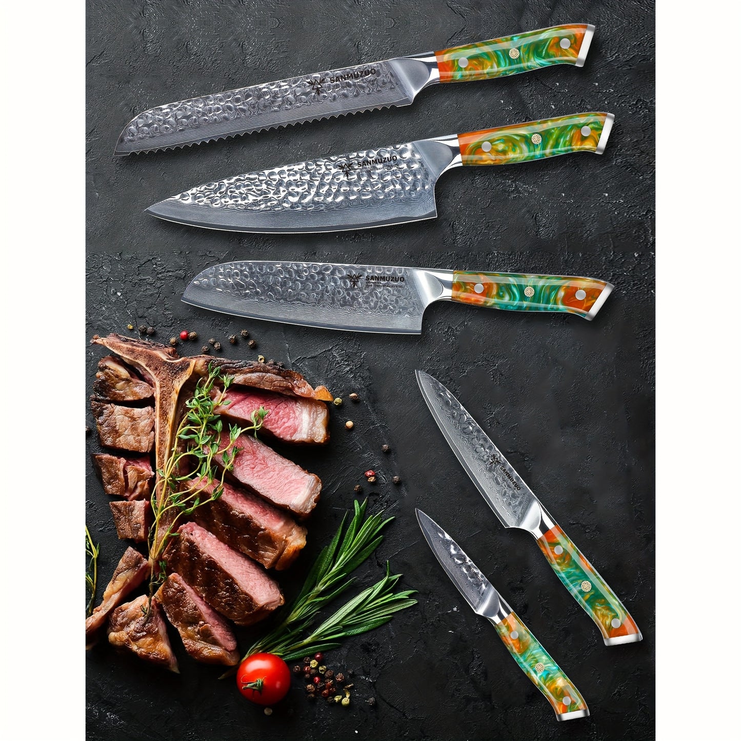 Damascus Kitchen Cooking Knife Set, Ultra Sharp Japanese VG-10 Steel with Resin Handle, Professional Kitchen Chef Knife Perfect Gift, Fantasy Orange Of YAO Series