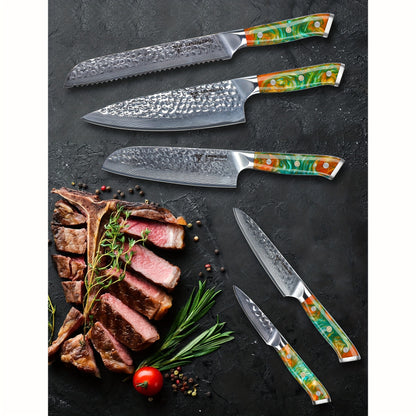Damascus Kitchen Cooking Knife Set, Ultra Sharp Japanese VG-10 Steel with Resin Handle, Professional Kitchen Chef Knife Perfect Gift, Fantasy Orange Of YAO Series