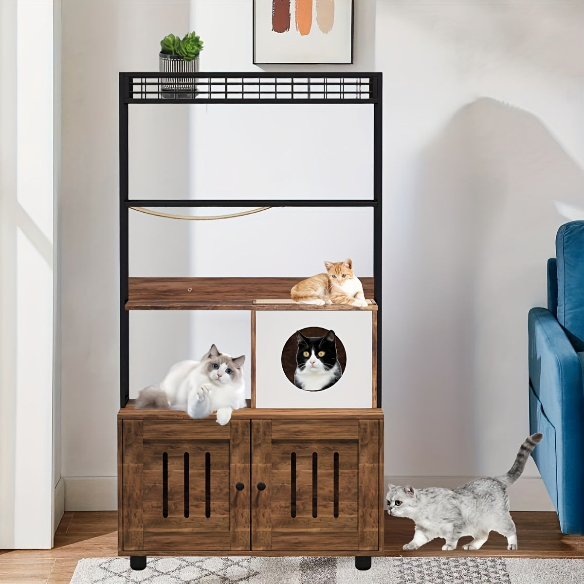 Kattenmeubel – Kattenbakmeubel – Kattenhuis – Kattencondo – Kattenkast – Massief Hout & Metaal – Verborgen Kattenbak & Opbergruimte – Bruin Retro