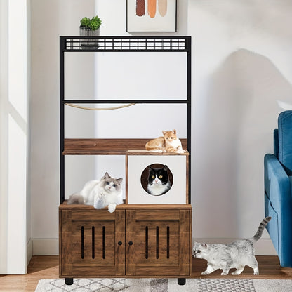 Kattenmeubel – Kattenbakmeubel – Kattenhuis – Kattencondo – Kattenkast – Massief Hout & Metaal – Verborgen Kattenbak & Opbergruimte – Bruin Retro