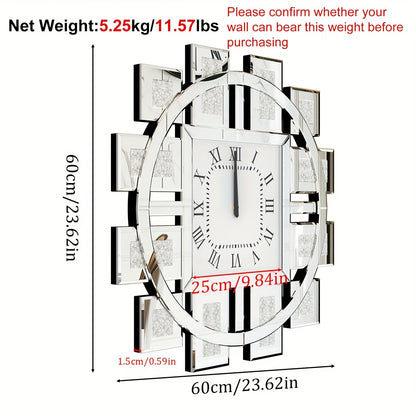 Ronde Wandklok – Spiegelklok – Kristalklok – Diamanten Klok – Glazen Klok – 60 cm Diameter – Fonkelende Verlijmde Kristallen – Stil Quartz Uurwerk