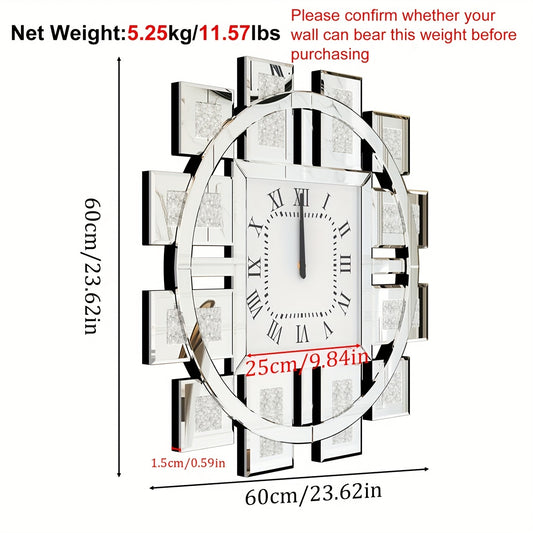Ronde Wandklok – Spiegelklok – Kristalklok – Diamanten Klok – Glazen Klok – 60 cm Diameter – Fonkelende Verlijmde Kristallen – Stil Quartz Uurwerk