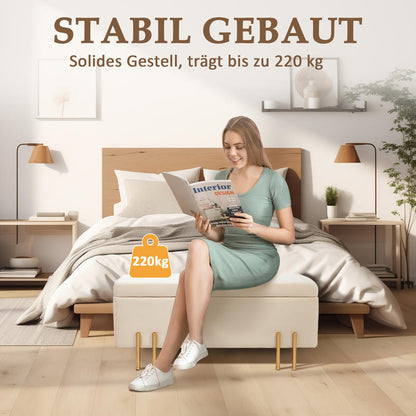 Opbergbank – Opbergbank – Zitbank – Opberghocker – Opbergmeubel – Beige Fluwelen Bekleding – Gouden Metalen Frame