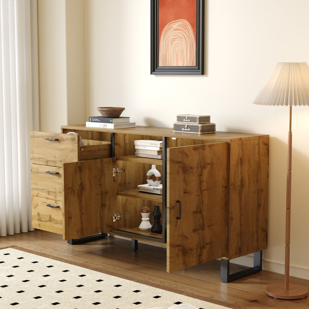 Bestekkast – Opbergkast – Ladekast – Dressoir – Commode – Multifunctioneel Design – Hardhouten & Spaanplaat Constructie – Open Vakjes – Vrijstaande Metalen Poten