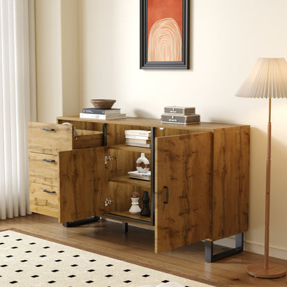 Bestekkast – Opbergkast – Ladekast – Dressoir – Commode – Multifunctioneel Design – Hardhouten & Spaanplaat Constructie – Open Vakjes – Vrijstaande Metalen Poten