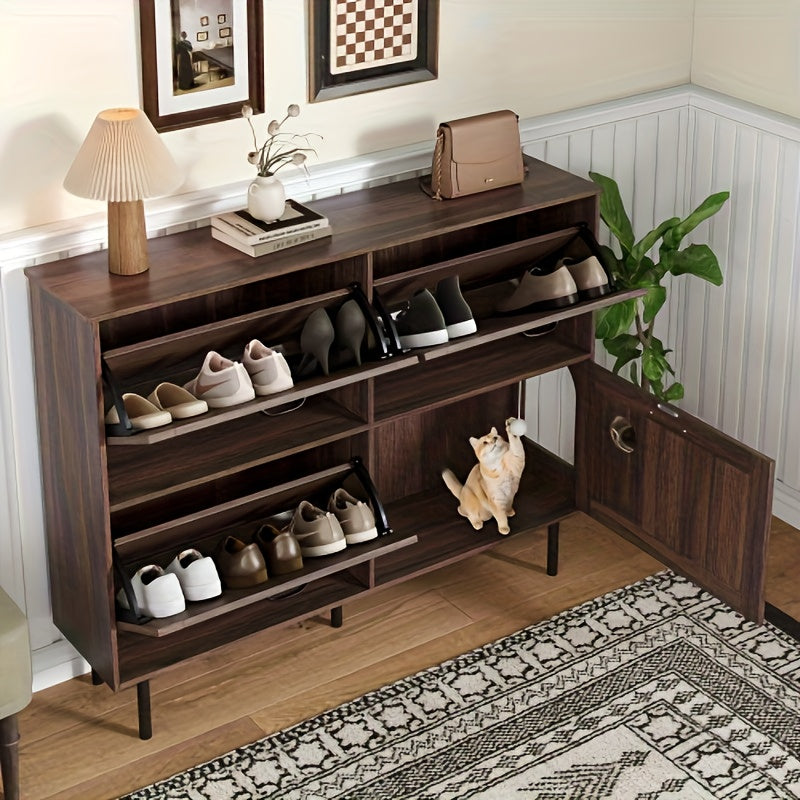 Schoenenkast – Schoenenrek – Schoenenopberger – Halmeubel – Schoenenkast met Klepdeuren – Smal & Compact – Duurzaam Kunststof – 3,2 Kubieke Voet Inhoud – 68,6 cm Hoogte – Donkerbruin/Zwart