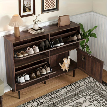 Schoenenkast – Schoenenrek – Schoenenopberger – Halmeubel – Schoenenkast met Klepdeuren – Smal & Compact – Duurzaam Kunststof – 3,2 Kubieke Voet Inhoud – 68,6 cm Hoogte – Donkerbruin/Zwart