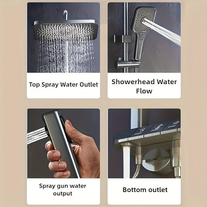 Doucheset – Regendouche – Handdouche – Douchekraan – Douchegarnituur – Thermostatisch – Waterdruk 4 standen – Digitale Temperatuurweergave – Roestvrijstalen Gun Gray – Wandmontage