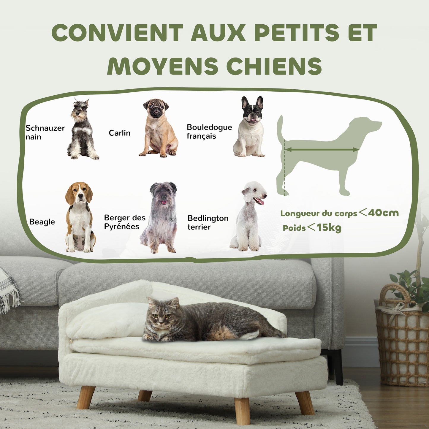 Hondenbank – Kattenbank – Huisdierenbed – Dierenbank – Zacht Kussen – Verwijderbare Wasbare Hoezen – Verhoogd Ontwerp – Polyester Met Katoenen Vulling – Creme – 70 x 42,5 x 38,5 cm – Geschikt Tot 15 kg