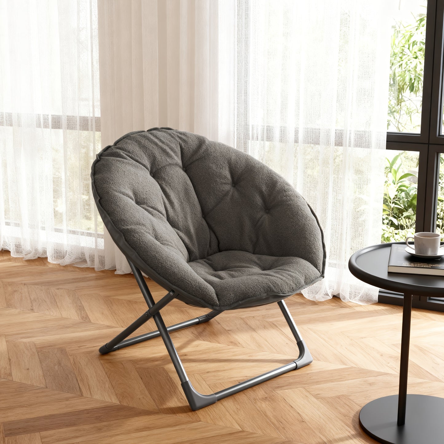 Opvouwbare Stoel – Klapstoel – Lounge Stoel – Moon Chair – Zitstoel – Lichtgewicht Bamboe Frame – Inclusief Bijzettafel – Zacht Katoenen Zitcomfort – Grijs