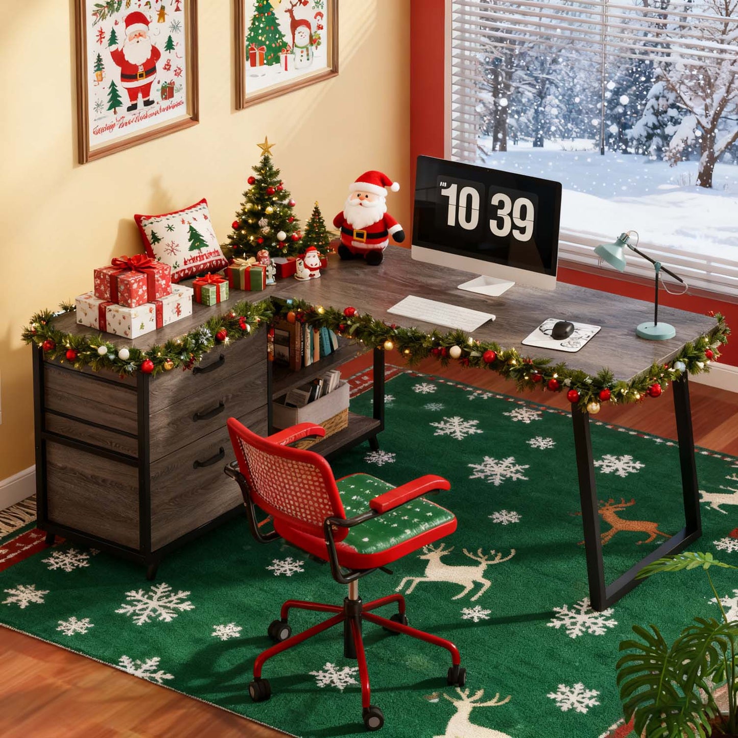 L-Shaped Corner Desk Suitable for Home Office - Reversible Computer Desk with 3-Drawer Storage & 2-Tier Shelves, Space-Saving Wide Workstation Table, Assembly, Engineered Wood
