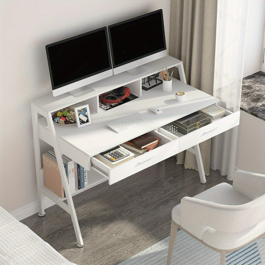 Bureau – Bureautafel – Computertafel – Werkplek – Schrijftafel – Wit Hout – Met Opbergruimte en Monitorstandaard – 120 cm Breed