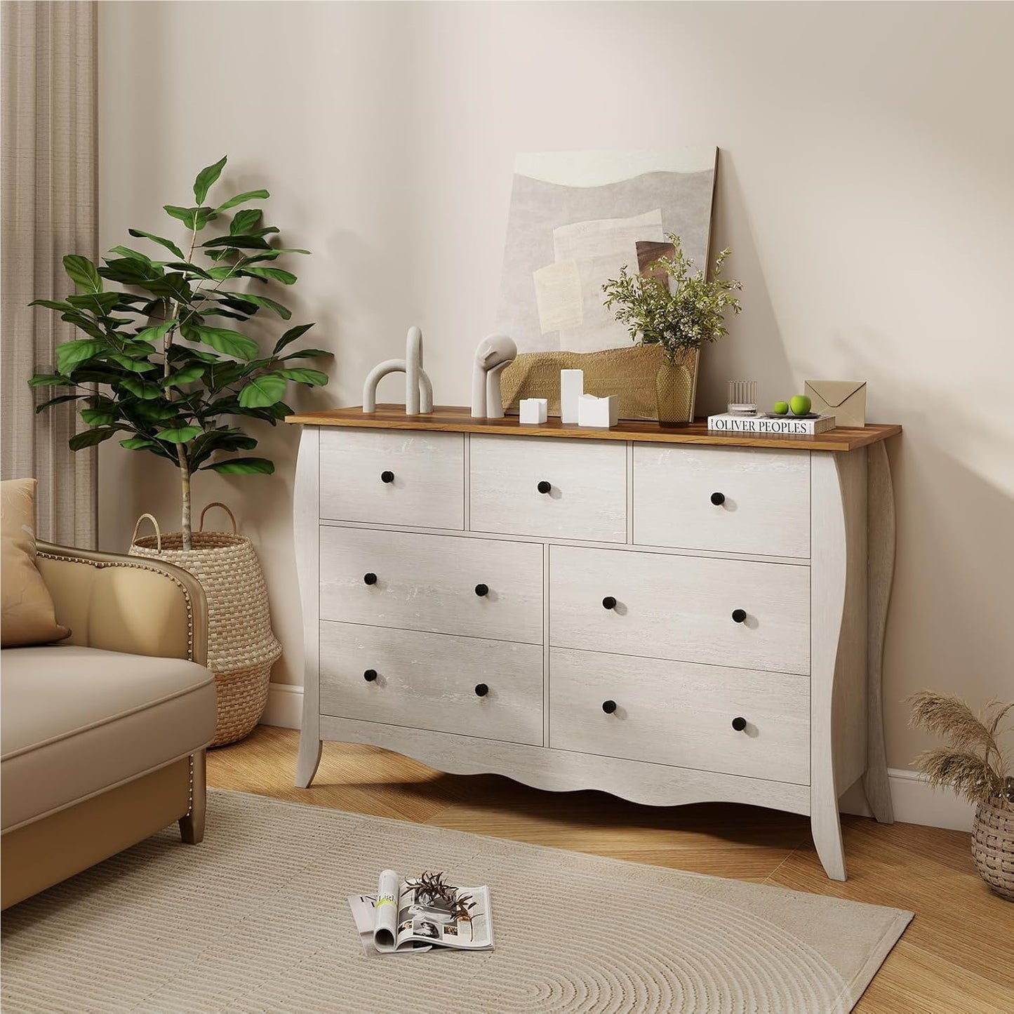 Commode 7 Laden – Ladekast – Dressoir – Opbergkast – Kast Grijs – Landelijke Stijl – Ruime Opbergruimte – Gemaakt Van Houtcomposiet