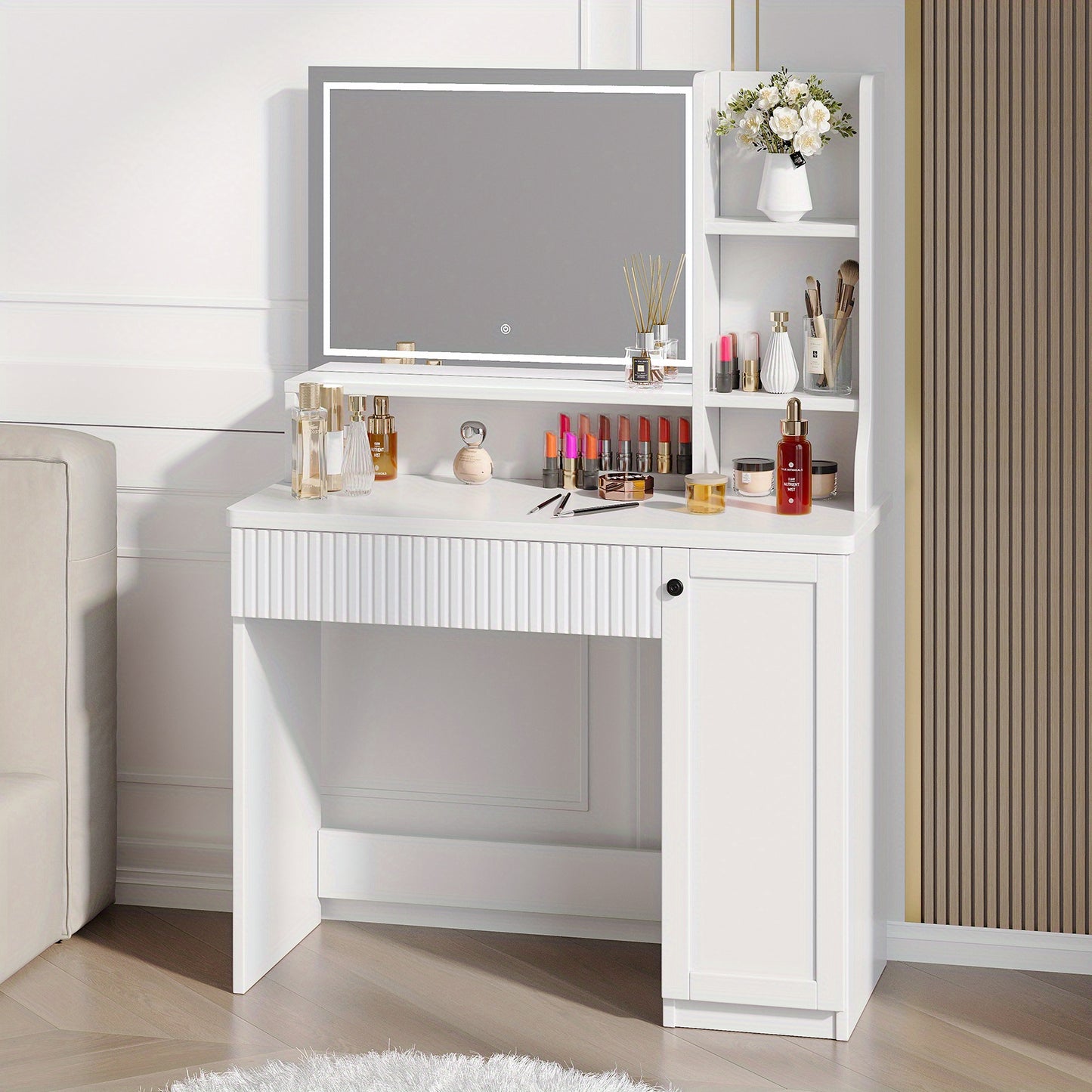 Make-up Tafel – Kaptafel – Dressing Table – Make-up Desk – Schminktisch – Wit Hout & Glas – 110 cm Breed – 2 Laden & Verstelbare Planken – Zachte Kruk – Compact & Functioneel