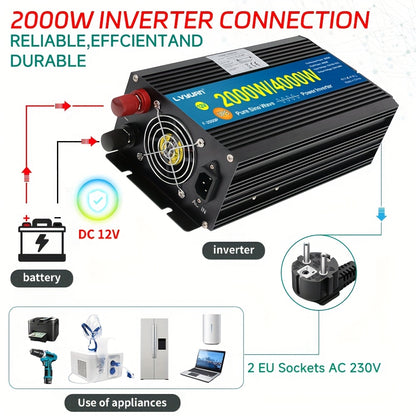 12V Naar 240V Omvormer – Spanningsomzetter – Stroomconverter – Power Inverter – Zuivere Sinusgolf – 2000W Continu Vermogen – LCD Display