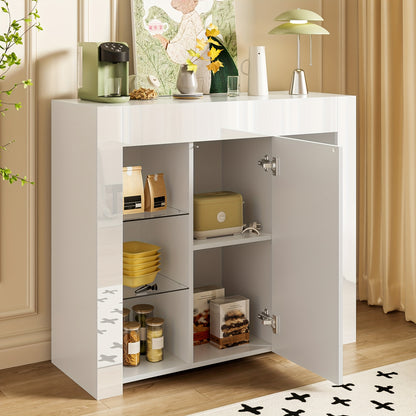 Wit Kastje – Opbergkast – Dressoir – Vitrinekast – Wandkast – Hoogglans Bamboe – Glasdeuren – 95x35x83 cm – Vrijstaand – Eenvoudige Montage