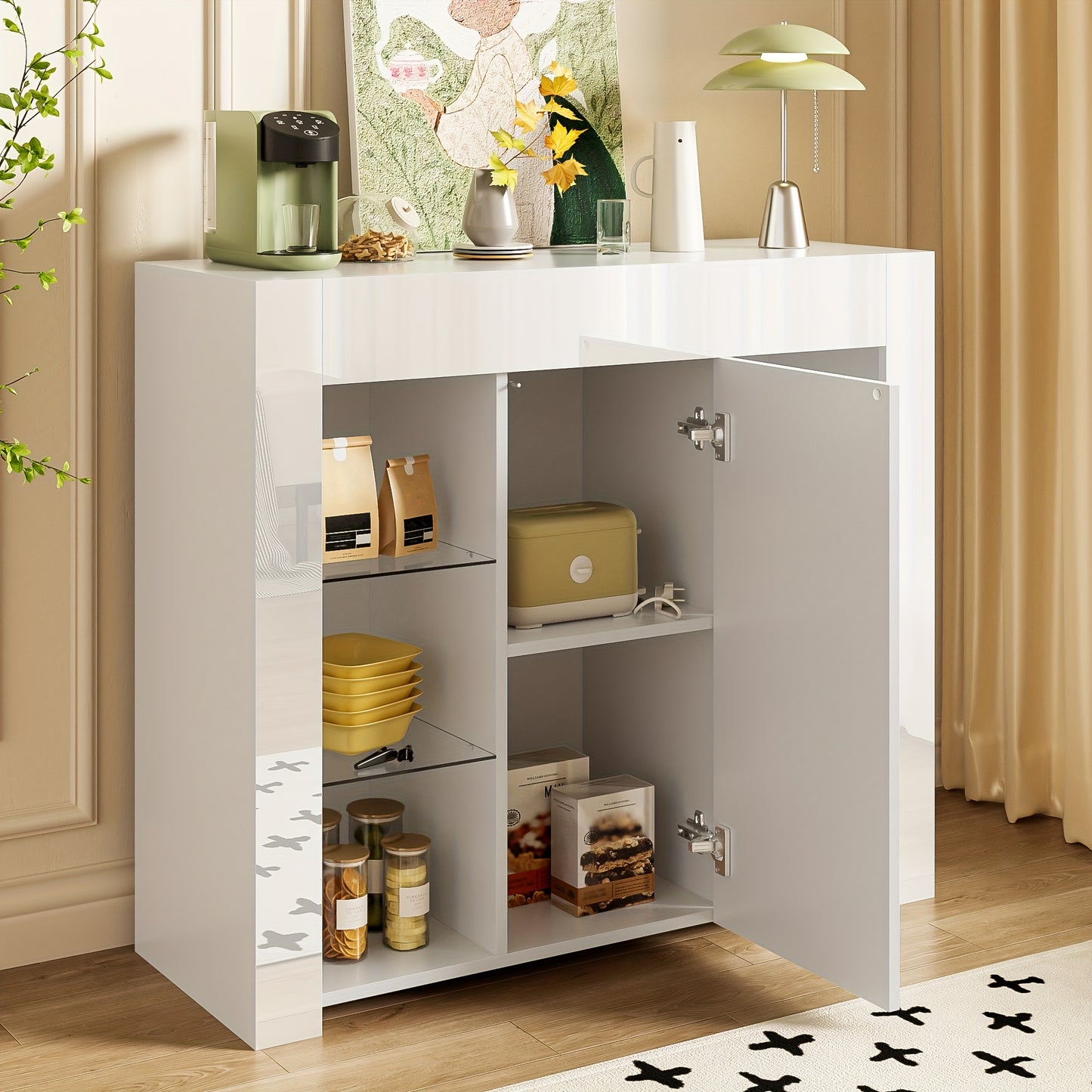 Modern Wit Kastje – Vrijstaand Dressoir – Opbergkast – Vitrinekast – Wandkast – Hoogglans Afwerking – Bamboe Met Glas – Compact 95x35x83 cm – Eenvoudig Te Monteren