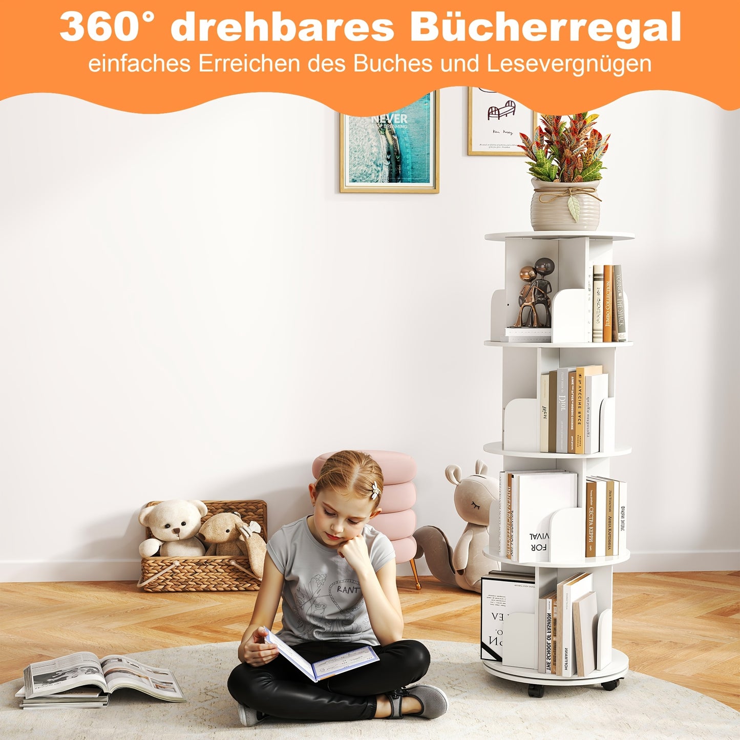 Boekenplank – Boekenrek – Wandplank – Boekenkast – Wandrek – 4 Lagen – 360° Draaibaar Met Remwielen – Wit MDF – Stevig & Gemakkelijk Te Monteren