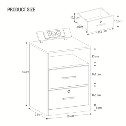 Nachtkastje – Bijzettafel – Ladekastje – Wandkast – Nachtkast – Set van 2 – Met Oplaadfunctie en LED-Verlichting – Zwart Spaanplaat 35x40x58,5 cm