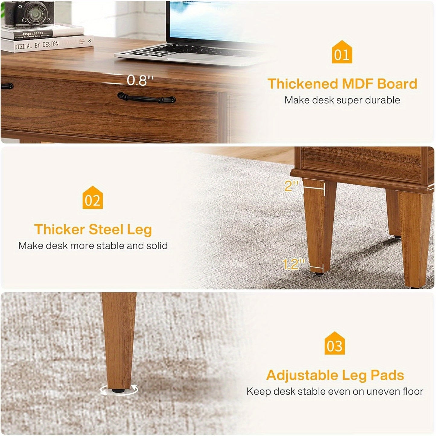 Bureau – Computertafel – Schrijftafel – Werktafel – Bureaus – 119,4 cm – MDF Engineered Wood – 3 Lades – Verstelbare Voetjes – Farmhouse Stijl – Compact en Stabiel