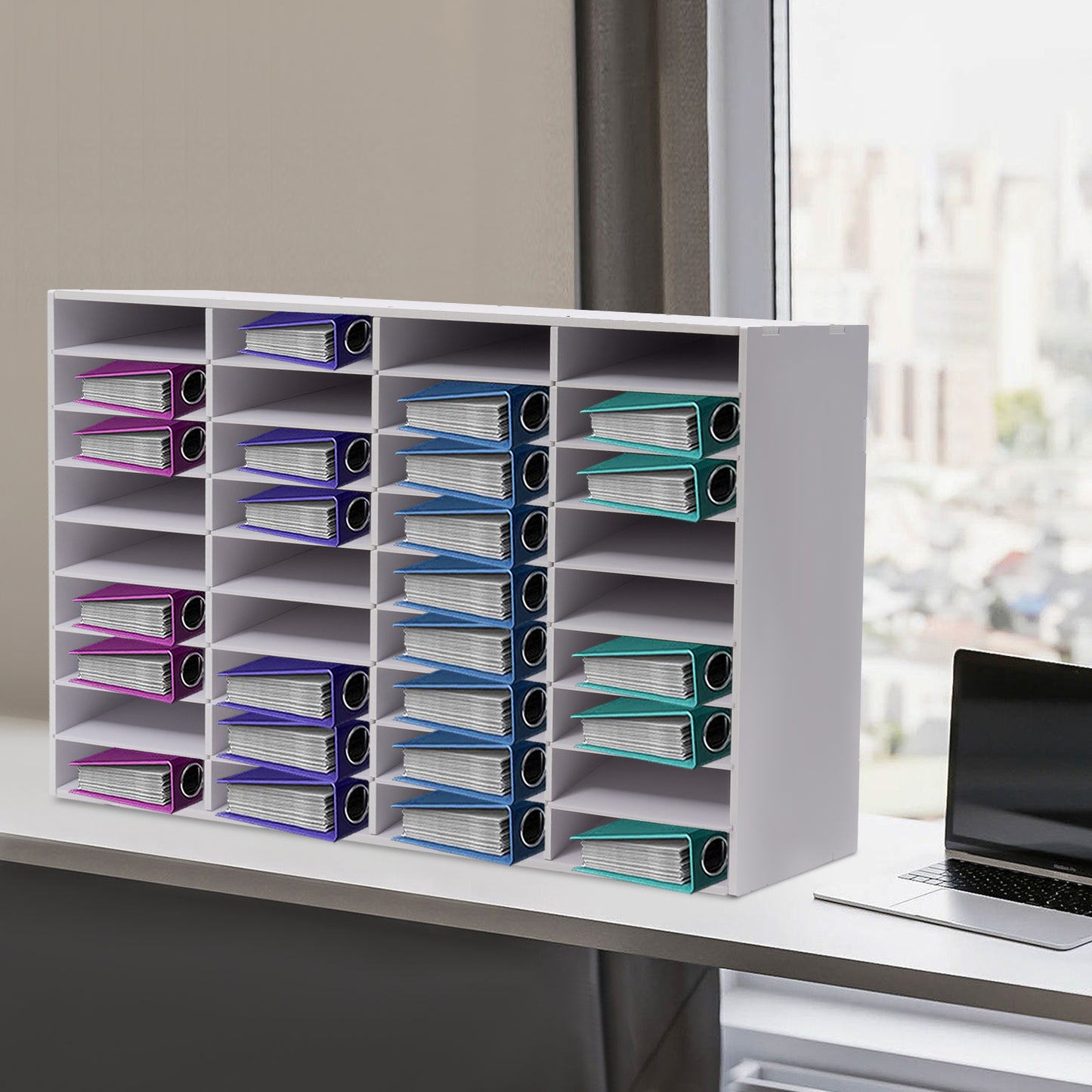 36-vaks PVC Opbergkast – Documenten Organizer – Archiefkast – Bureauhouder – Folderhouder – Wit – Stevig PVC Met Vilten Binnenkant – Compact Modern Design 100x30x61 cm