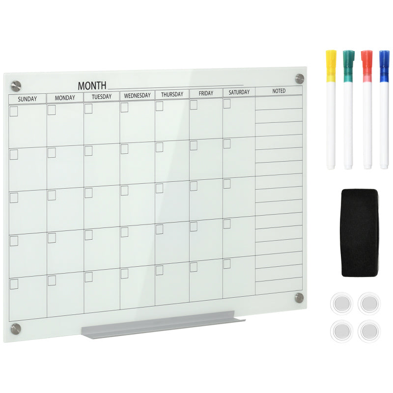 Whiteboard Kalender – Whiteboard Bord – Planbord – Schrijfbord – Organisatiebord – Wit – 90x60 cm – Glad Keramisch Oppervlak – Inclusief 4 Kleuren Markers en Wisser