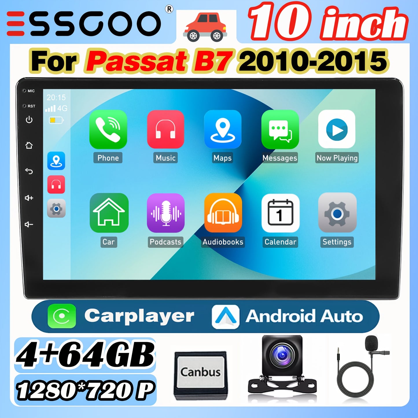 Multimediaplayer – Autoradio – Double Din – Touchscreen – Android Radio – 10 Inch IPS Scherm – Inclusief AHD Achteruitrijcamera & Microfoon