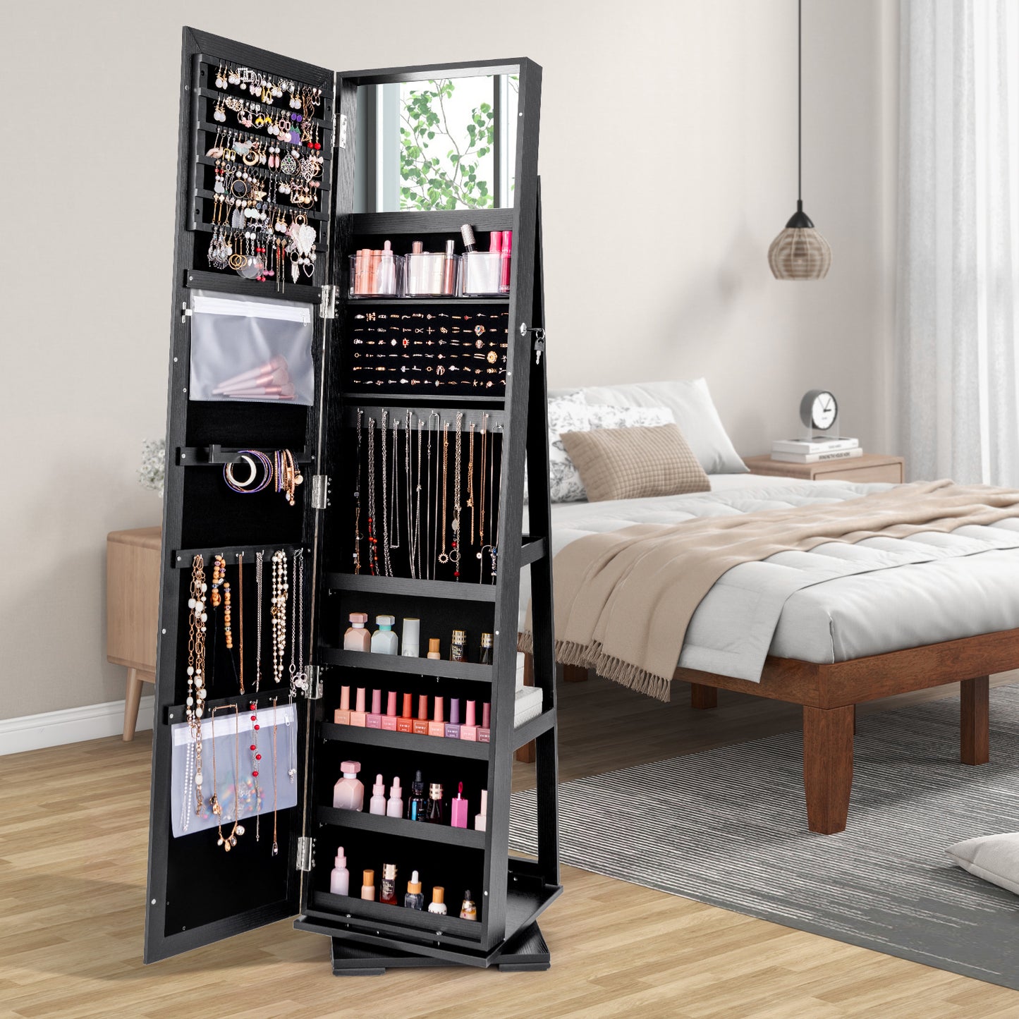 Sieradenkast – Sieradendoos – Accessoirekast – Spiegelkast – Staande spiegelkast – 360° Draaibare Basis – Slot Met Veilige Opbergruimte – Zwarte MDF Afwerking – 155 cm Spiegelhoogte