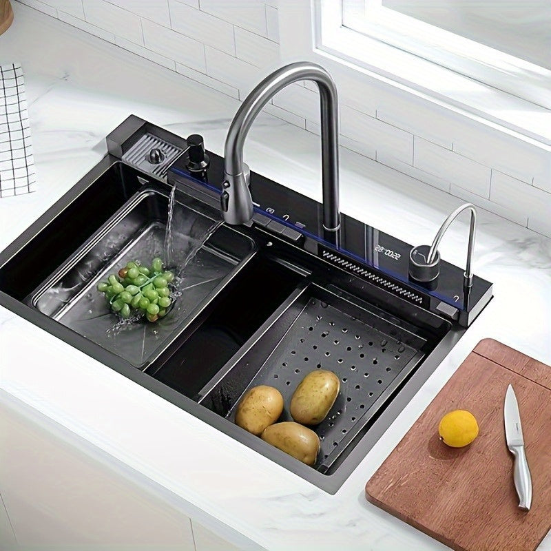 Large Freestanding Restaurant Sink with Rain Shower & Waterfall Faucet - Single-Basin Heavy-Duty 201 Stainless, Easy Install Outdoor/ Sink Suitable for Bars, Kitchens, Restaurants (74.93×44.96 cm)