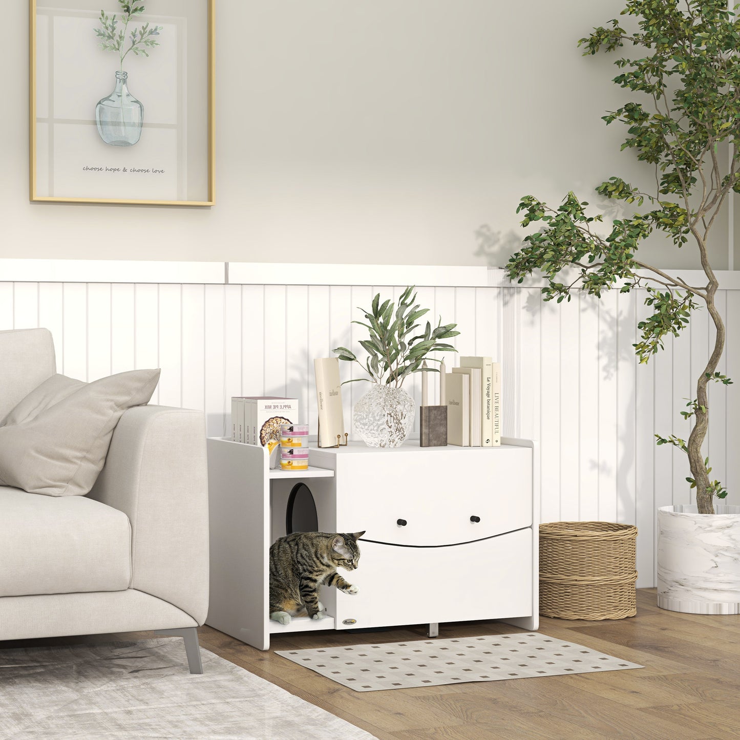 Kattenbak Meubel – Kattenbak Huis – Kattenbak Verbergen – Kattenbak Kast – Kattenbak Bijzettafel – Met Schuiflade – 2 Ventilatiegaten – Wit Fiberboard – Met Zandvangmat – Geschikt Tot 5 Kg Katten